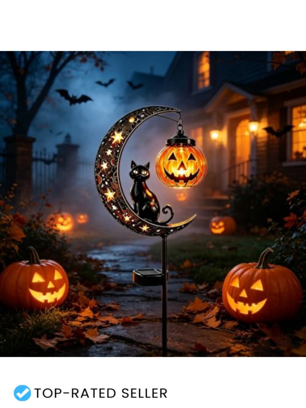 Solar Halloween Black Cat Pumpkin Moon Garden Stake Light